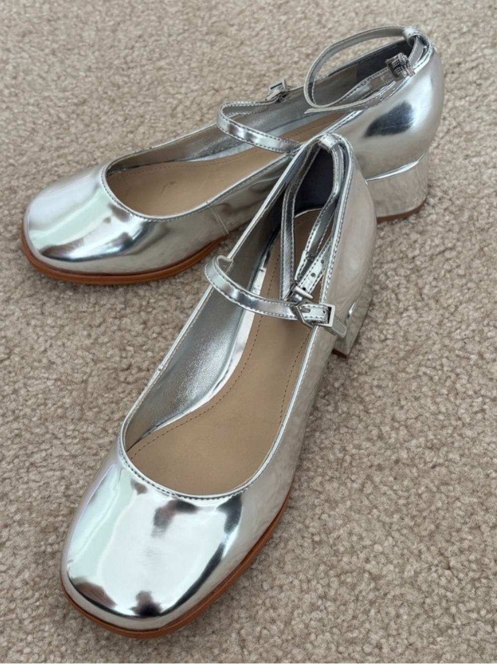 Schutz Dorothy Silver Metallic Leather Block Heel Pumps